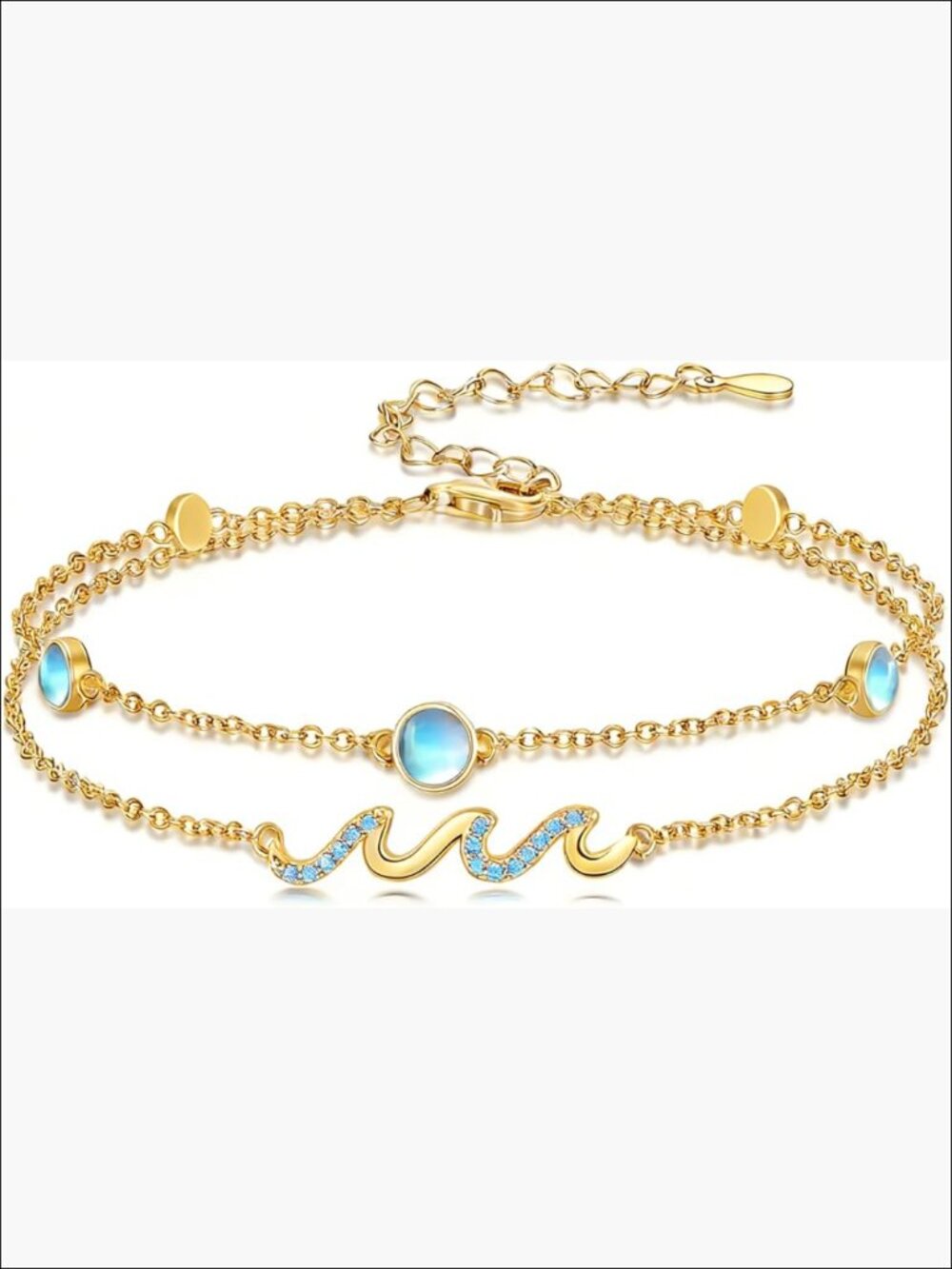 925 Sterling Silver Wave Anklet with Moonstone, Ocean Jewelry - Picture 1 of 7